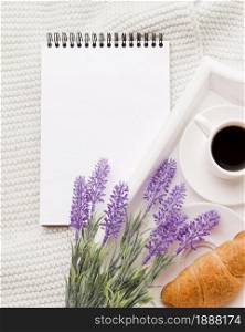 notebook beside tray with breakfast . Resolution and high quality beautiful photo. notebook beside tray with breakfast . High quality and resolution beautiful photo concept