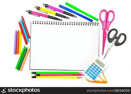 Notebook, colored pencils, crayons, markers, ballpoint pens and scissors, isolated on white, background,