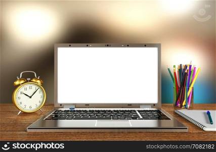 Notebook computer display for mock up on working table with blur background, 3D rendering