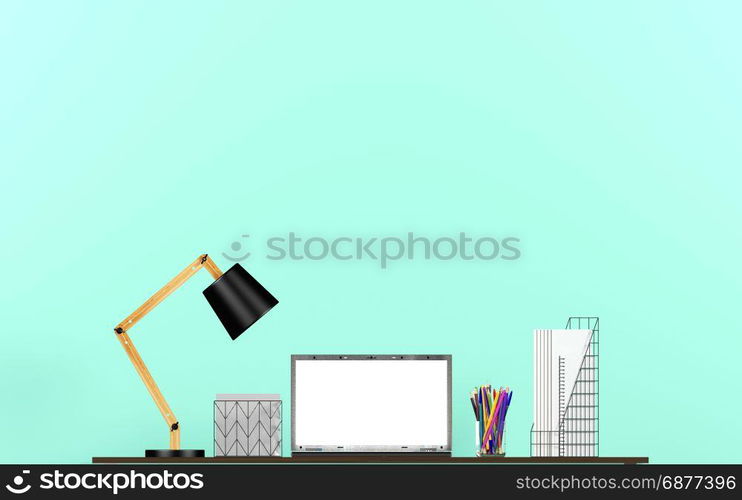 Notebook computer display for mock up on working table with copy space background for text, 3D rendering