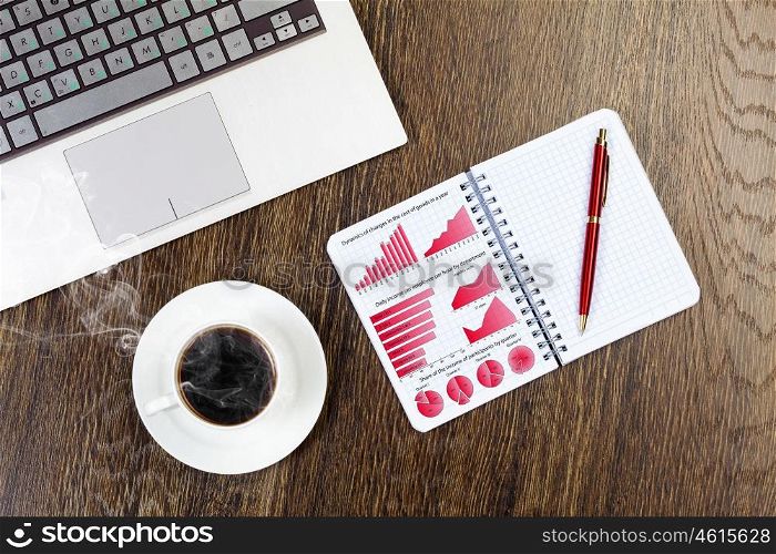 Notebook cup of coffee and notepad at table. Work place