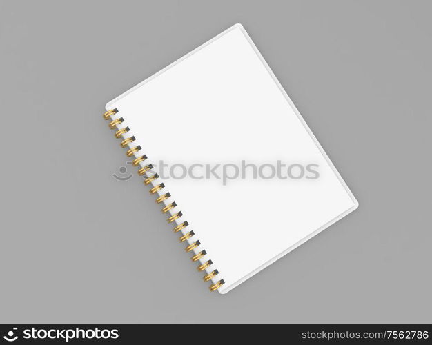 Notebook on a gray background top view. 3d render illustration.. Notebook on a gray background top view.