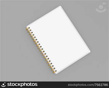 Notebook on a gray background top view. 3d render illustration.. Notebook on a gray background top view.