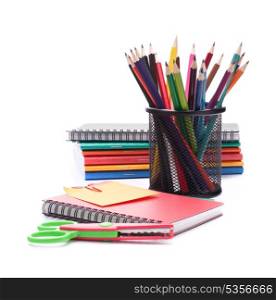 Notebook stack and pencils. Schoolchild and student studies accessories.