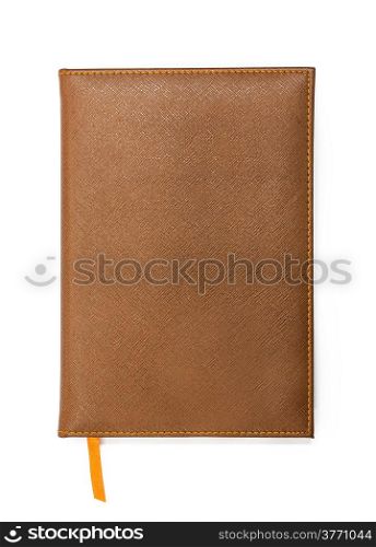 Notebook with brown leather cover on white background
