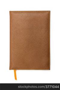 Notebook with brown leather cover on white background