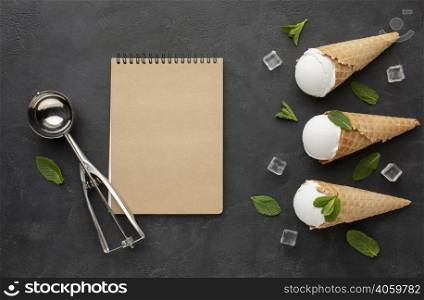 notebook with ice cream cones with ice cubes