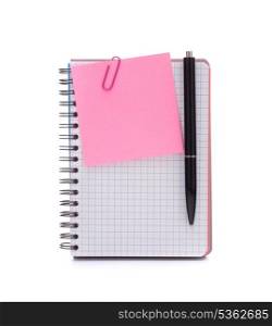 notebook with notice paper and pen isolated on white background cutout