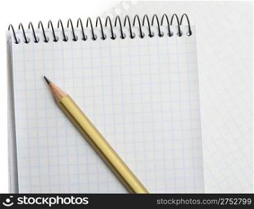 Notebook with pencil. Paper sheets in a cell on a spiral