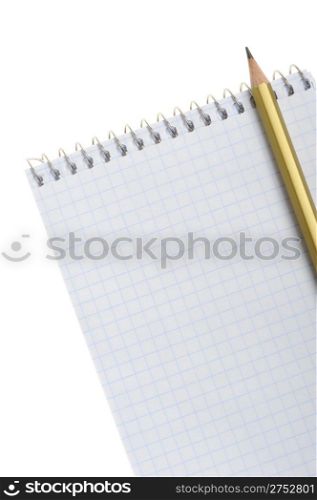 Notebook with pencil. Paper sheets in a cell on a spiral