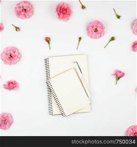 notebook with white blank pages on a purple background and petals of a pink roses , top view, flat lay
