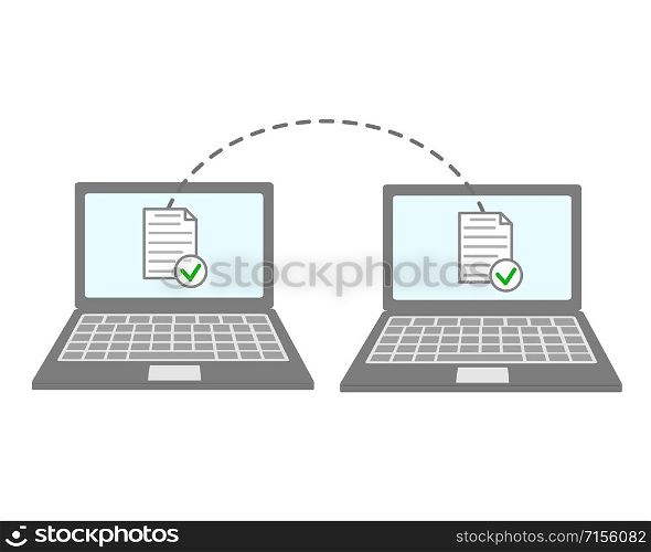 Notebooks file transfer. Data transmission, ftp files receiver and notebook computer backup copy. Document sharing vector concept