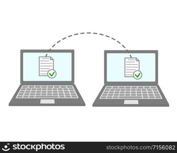 Notebooks file transfer. Data transmission, ftp files receiver and notebook computer backup copy. Document sharing vector concept