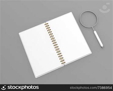 Notepad and magnifying glass layout on a gray background. 3d render illustration.. Notepad and magnifying glass layout .
