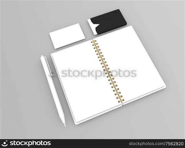 Notepad, business cards and pen on a gray background. 3d render illustration.. Notepad, business cards and pen on a gray background.