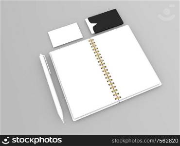 Notepad, business cards and pen on a gray background. 3d render illustration.. Notepad, business cards and pen on a gray background.