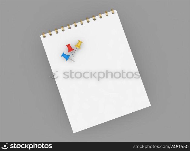 Notepad for notes with push pins on a gray background. 3d render illustration.. Notepad for notes with push pins on a gray background.