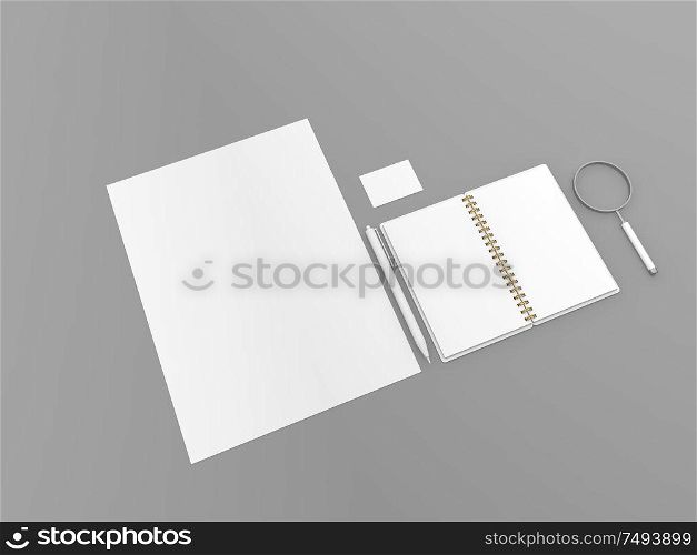 Notepad magnifying glass business card template on a gray background. 3d render illustration.. Notepad magnifying glass business card template on a gray background.
