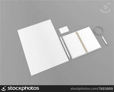 Notepad magnifying glass business card template on a gray background. 3d render illustration.. Notepad magnifying glass business card template on a gray background.