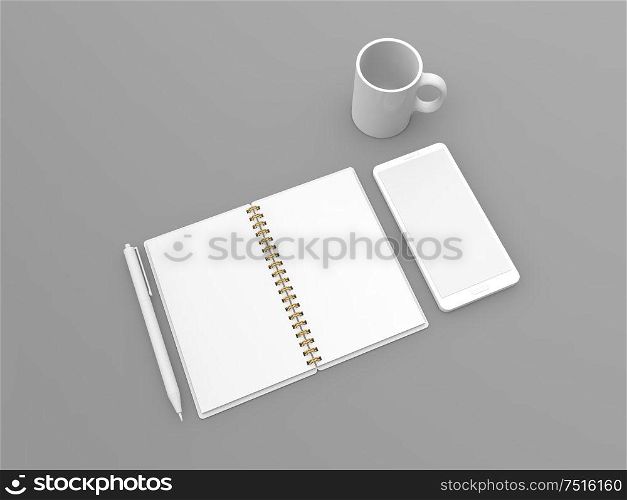 Notepad smartphone mug pen mockup on gray background. 3d render illustration.. Notepad smartphone mug pen mockup on gray background.