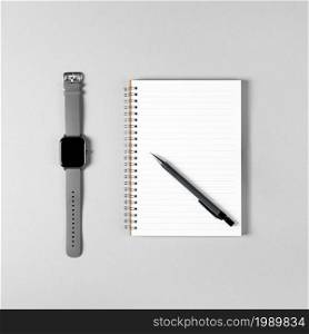 Notepad, watch, pen isolated on light gray background. Notepad with copy space. Office, business, discreet style.