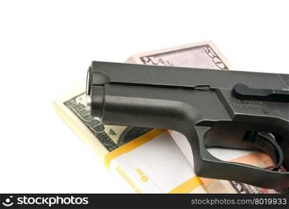 notes and gun on white background closeup