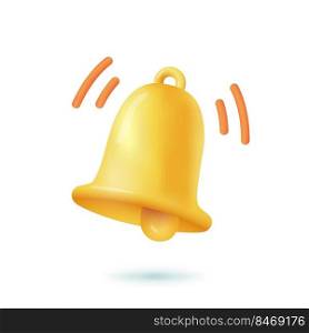 Notification bell 3d cartoon style icon on white background. Yellow bell as symbol of alarm, alert or reminder about new message on social networks flat vector illustration. Attention concept
