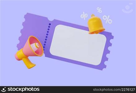 Notification or message about a gift coupon for the purchase or subscription of a product. An empty coupon with a loudspeaker and a bell. 3d rendering. Notification of receipt of a gift coupon. 3d render