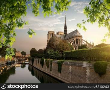 Notre Dame and park on river Seine in Paris, France
