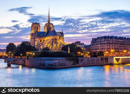 Notre Dame Cathedral at dusk in Paris, France