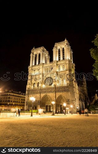Notre Dame de Paris cathedral at night in Paris