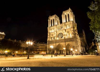 Notre Dame de Paris cathedral at night is one of the most visited places in Paris