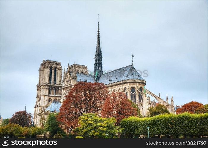 Notre Dame de Paris cathedral on a cloudy day