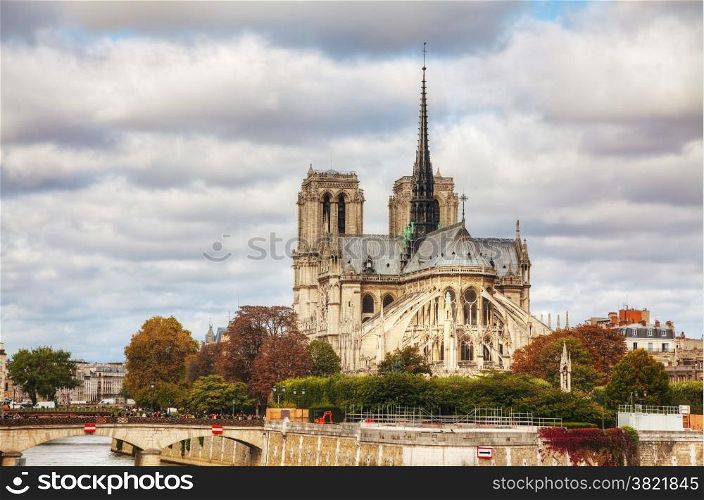 Notre Dame de Paris cathedral on a cloudy day