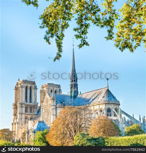Notre Dame de Paris - famous cathedral with blue sky