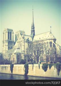 Notre Dame de Paris in France. Retro style filtred image