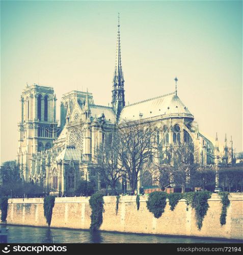 Notre Dame de Paris in France. Retro style toned image