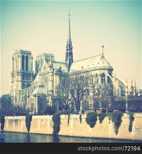 Notre Dame de Paris in France. Retro style toned image