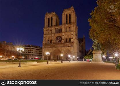 Notre Dame de Paris in the night light at dawn. Paris. France.. Paris. The building of the Cathedral of Notre Dame.