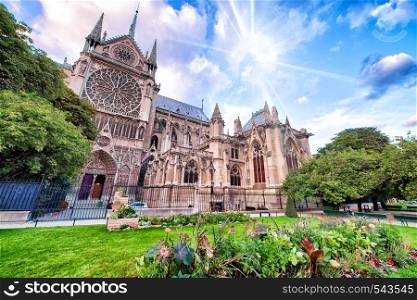 Notre Dame exterior view from Jean XXIII Park, Paris, France