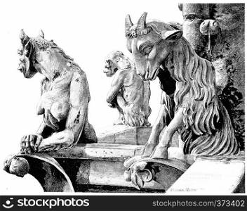 Notre Dame. Fantastic animals of the area of lead, vintage engraved illustration. Paris - Auguste VITU ? 1890.
