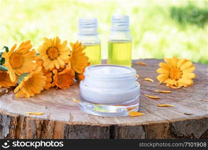 Nourishing cream with calendula extract with fresh calendula flowers on a wooden background in nature. Medical Dermatology.. Nourishing cream with calendula extract with fresh calendula flowers on a wooden background in nature.