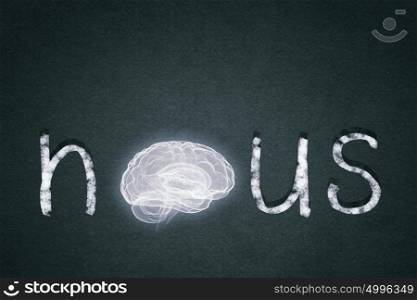 Nous word. Word nous with brain instead of letter O