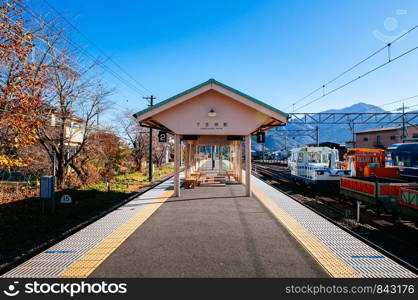 NOV 30, 2018 Fujiyoshida, Japan - Shimoyoshida empty train station platform. Small train station on Tokyo - Kawaguchiko route tourist transit point for famous Chureito Pagoda and Mount Fuji view point.