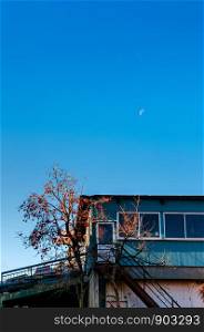 NOV 30, 2018 Shimoyoshida, Japan - Local blue Japanese house with colourful autumn persimmon tree with fruits against blue clear sky with daytime half moon