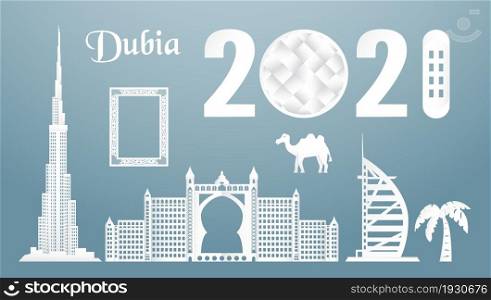 November 19, 2021: Sets of top famous landmark of Dubai country for travel and tour. Vector illustration design in paper cut and craft style on blue background.
