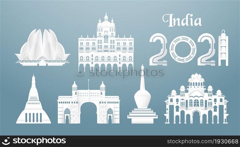 November 19, 2021: Sets of top famous landmark of India country for travel and tour. Vector illustration design in paper cut and craft style on blue background.