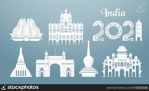 November 19, 2021: Sets of top famous landmark of India country for travel and tour. Vector illustration design in paper cut and craft style on blue background.