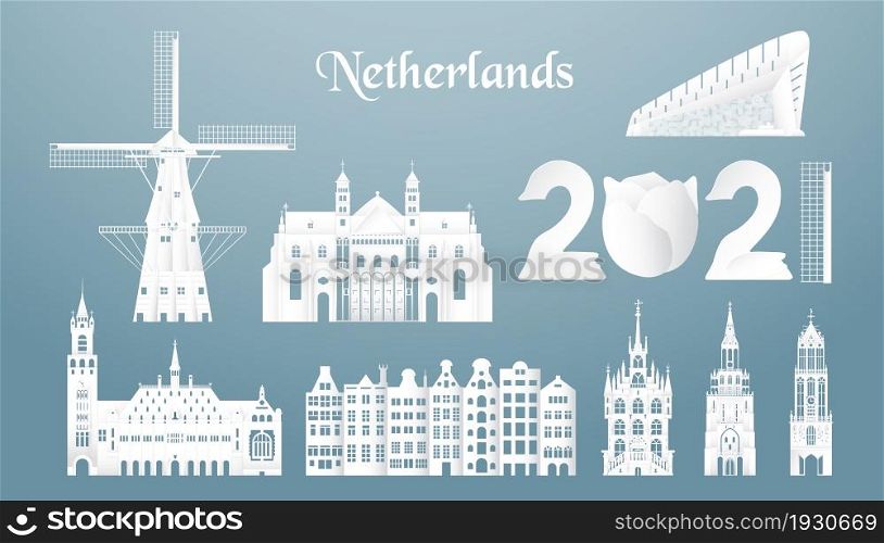 November 19, 2021: Sets of top famous landmark of Netherlands country for travel and tour. Vector illustration design in paper cut and craft style on blue background.