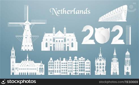 November 19, 2021: Sets of top famous landmark of Netherlands country for travel and tour. Vector illustration design in paper cut and craft style on blue background.